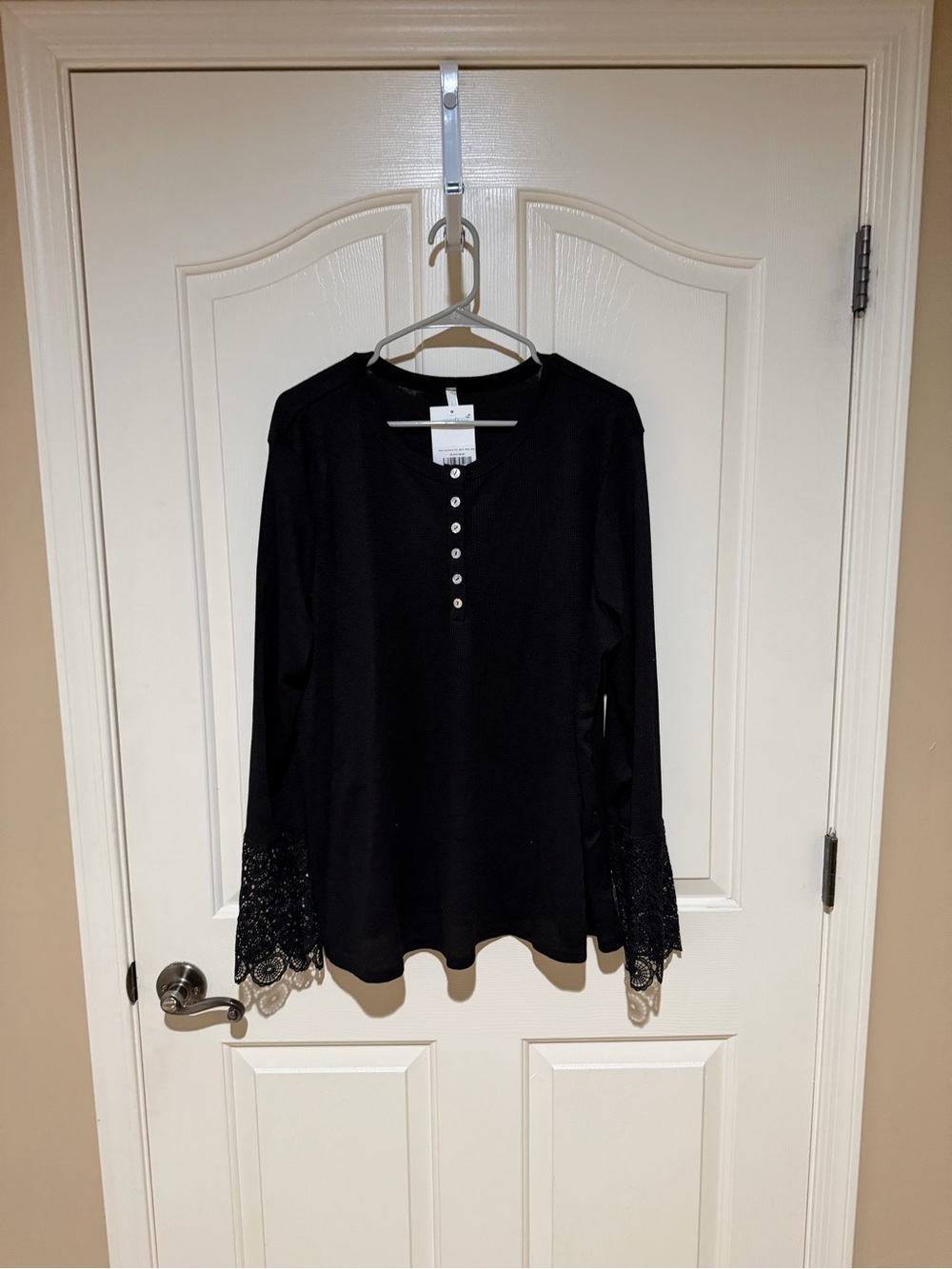 Black Long-Sleeve Henley Top with Lace Sleeve Detail